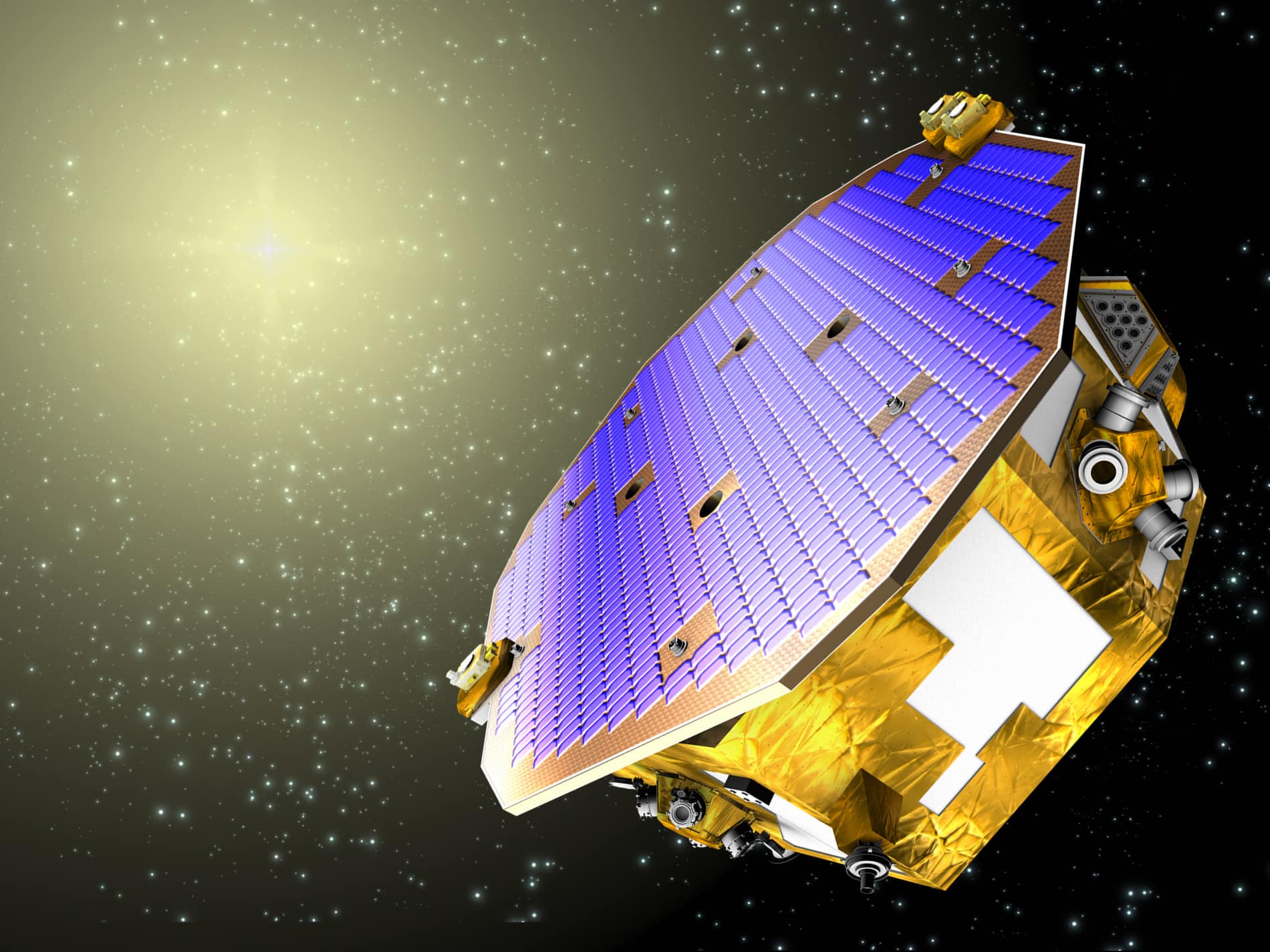 Impressão artistíca do experimento LISA Pathfinder, da ESA, escolhido pelos proponentes do projeto MAQRO como um modelo tecnológico para levar a mecânica quântica para o espaço. Crédito da Imagem: ESA.