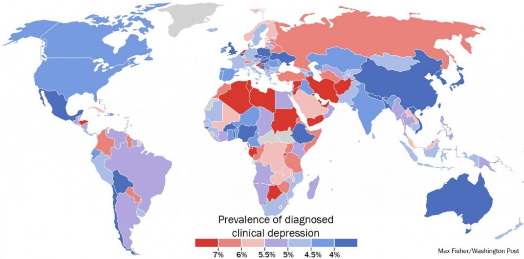 Um mapa impressionante sobre as taxas de depressão ao redor do mundo