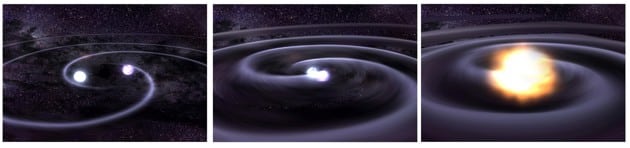 Uma recapitulação artística do que aconteceu quando duas estrelas orbitando se fundiram, resultando em ondas gravitacionais. (NASA / CXC / GSFC / T.Strohmayer)