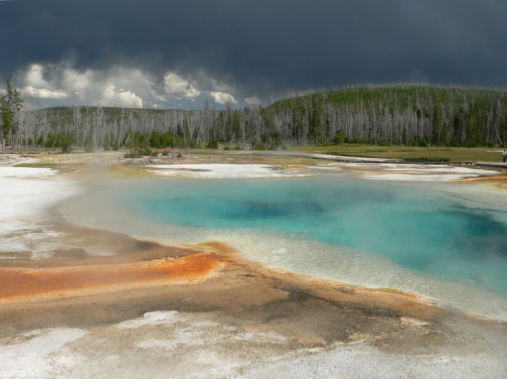 Vírus podem sobreviver em águas termais, como a encontrada no Grand Prismatic Spring (Grande Fonte Prismática) no Parque Nacional de Yellowstone, nos EUA, com temperaturas chegando a 93 graus Celsius. Crédito da Imagem: David Monniaux.