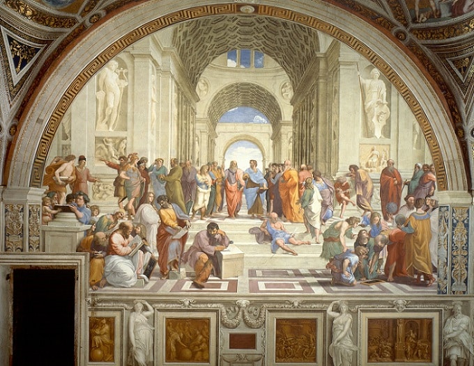 Escola de Atenas - Rafael Afresco entre 1509 e 1510 (500 x 700 cm) Averróis está no canto inferior esquerdo, usando verde e inclinado para frente, logo atrás de dois homens calvos sentados.