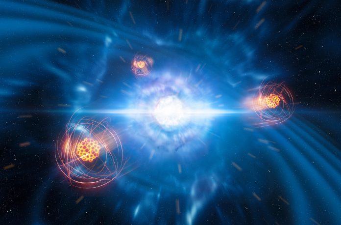 Concepção artística de estrôncio emergindo de uma fusão de estrelas de nêutrons
