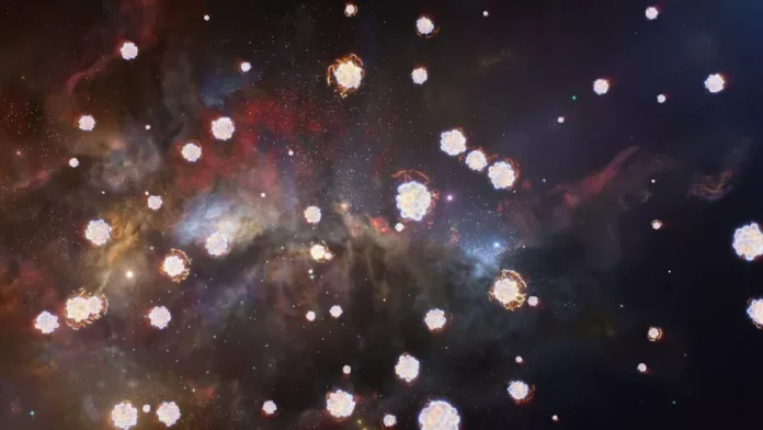 La imagen muestra una nube de gas distante que contiene diferentes elementos químicos, ilustrada por representaciones esquemáticas de varios átomos.  (Crédito de la imagen: ESO/L. Calçada, M. Kornmesser)