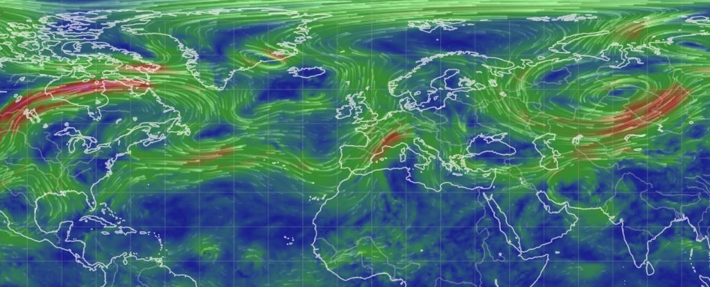 Uma imagem das correntes de jato da Terra. (Michael Mann/earth.nullschool)