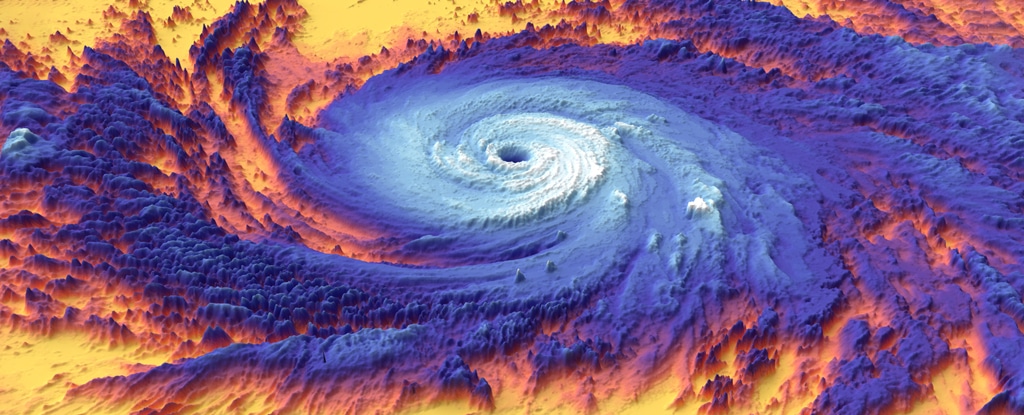 Dados de satélite ilustram a assinatura de calor do furacão Maria acima das águas quentes da superfície em 2017. (NASA)