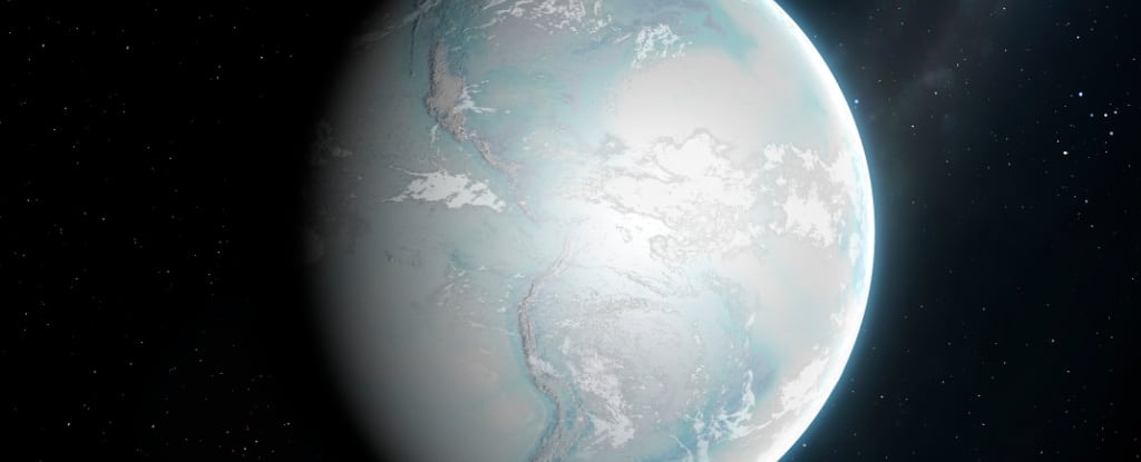 A ilustração de um artista da Terra azul-gelo, como pode ter sido durante 'Snowball Earth'. (Mark Garlick/Biblioteca de fotos científicas/Getty Images)