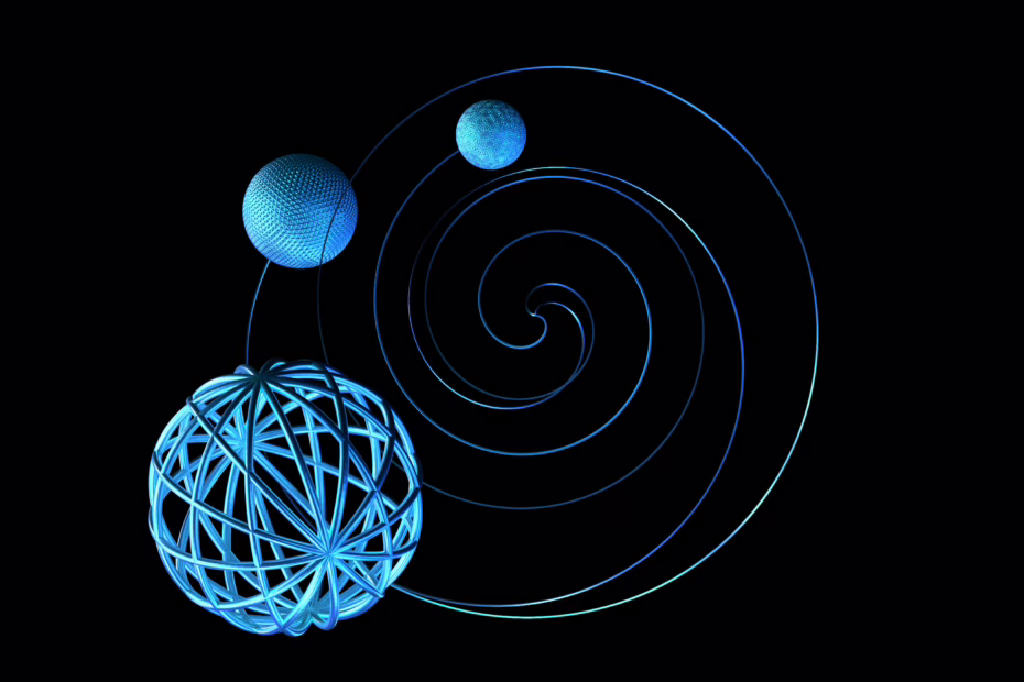 Esferas cósmicas abstratas representando conceitos de espaço-tempo e metafísica