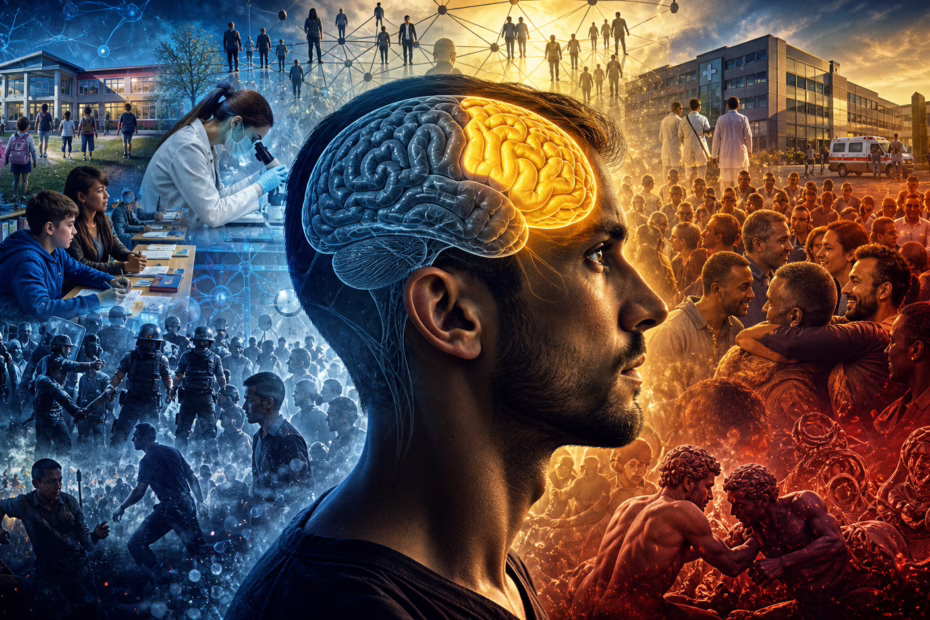 Ilustração editorial sobre cérebro social, autodomesticação humana e integração entre neurociência e ciências sociais